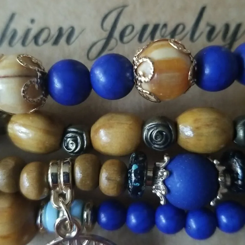 Blue and Gold Beaded Bracelet Set